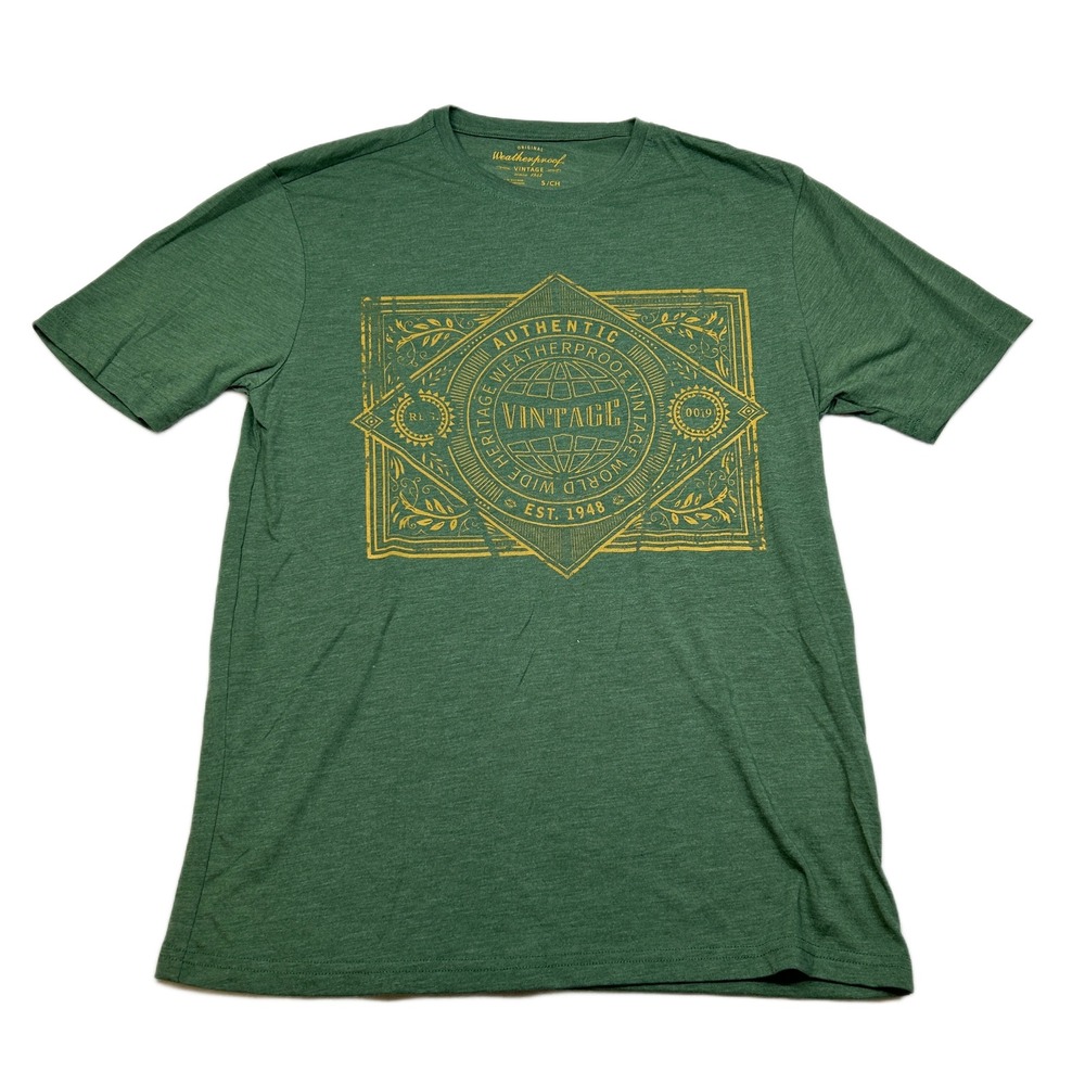Weatherproof‎ Vintage Graphic T-Shirt Mens Small Green Heritage World Wide Tee